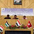 من اليمين: فؤاد صحراوي نائب رئيس الاتحاد العام الجزائري للشباب (الجزائر)، ناصر النويهي (الأردن)، أحمد مجدي المكلف بالعلاقات الخارجية في اتحاد الشباب الاشتراكي (مصر). لجنة تسيير جلسة النقاش حول قرارات المؤتمر القومي للشباب العربي - تموز 2013