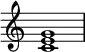 {
\override Score.TimeSignature #'stencil = ##f
\relative c' {
\clef treble
\time 4/4
\key c \major
<c e g>1
} }