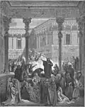 Nineteenth-century engraving by Gustave Doré, showing the scene from "Bel and the Dragon" in which Daniel reveals the deception of the Babylonian priests of Bel