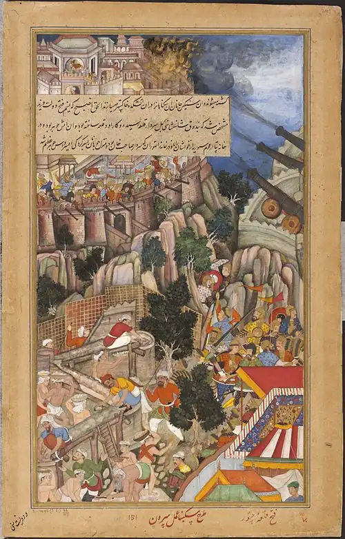 اللوحة اليمنى من نفس التكوين من قبل Miskina (و Sarwan) من كتاب أكبر ، ق. 1590– ق. 1595   1590 &nbsp; - ج.   1595 .