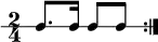 
\new RhythmicStaff {
 \clef percussion
 \time 2/4
 \repeat volta 2 { c8. c16 c8[ c] }
}

