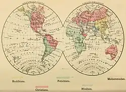 خارطة العالم عن أديان الشعوب نشرته عام 1883، وتظهر فيه مصطلح "محمدي" باللغة الإنجليزية باللون الأبيض.