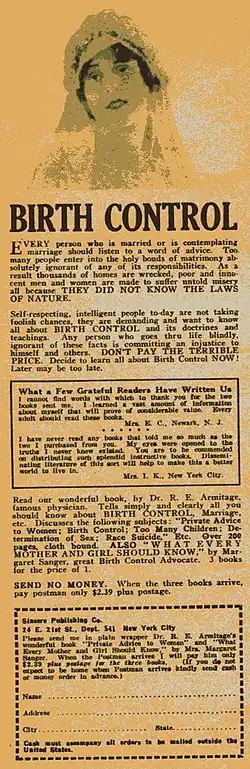 A newspaper advertisement selling birth control products. A woman's head is shown, with text underneath.
