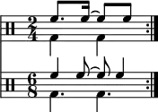 
{
 \relative c' <<
 \new Staff <<
 \new voice {
 \clef percussion
 \time 2/4
 \set Score.tempoHideNote = ##t \tempo 4 = 100 
 \stemDown \repeat volta 2 { g4 g }
 }
 \new voice {
 \set Score.tempoHideNote = ##t \tempo 4 = 100 
 \time 2/4
 \stemUp \repeat volta 2 { f'8.[ f16]^~ f8[ f8] } \bar ":|."
 } >>
 \new Staff <<
 \new voice {
 \clef percussion
  \time 2/4
  \set Staff.timeSignatureFraction = 6/8
  \scaleDurations 2/3 {
   \set Score.tempoHideNote = ##t \tempo 8 = 100 
   \stemDown \repeat volta 2 { g,4. g }
  }
 }
  \new voice \relative c' {
    \time 2/4
    \set Staff.timeSignatureFraction = 6/8
    \scaleDurations 2/3 {
     \set Score.tempoHideNote = ##t \tempo 4 = 100  
     \stemUp \repeat volta 2 { f4 f8^~ f f4 } \bar ":|."
    }
   } >>
 >> }
