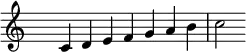 
    \relative c' {
        \clef treble \time 7/4 \hide Staff.TimeSignature
        c4 d e f g a b c2
    }
