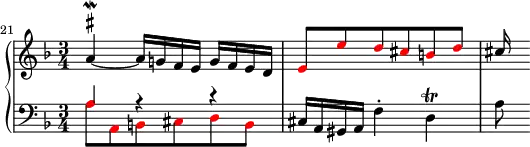 {
# (set-global-staff-size 16)
\new PianoStaff <<
\new Staff <<
\relative c'' {
\set Score.currentBarNumber = #21
\bar ""
\clef treble \key d \minor \time 3/4
\once \override TextScript.script-priority = #-100 a4~^\mordent^\markup { \sharp } a16 g! f e g f e d
\override NoteHead.color = #red \stemUp e8 e' d cis b d
\override NoteHead.color = #black cis16
}
>>
\new Staff <<
\clef bass \key d \minor \time 3/4
\new Voice \relative c' {
\override NoteHead.color = #red a8 a, b cis d b
\override NoteHead.color = #black cis16 a gis a f'4-. d\trill a'8
}
\new Voice \relative c' {
\stemUp \override NoteHead.color = #red a4 r r
}
>>
>> }