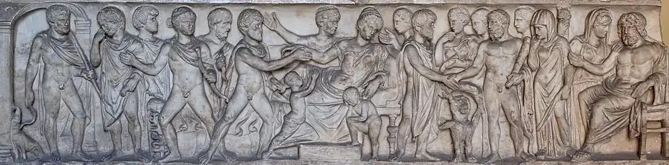 مشاهد من أسطورة أدميتوس وألسيست. رخام، تابوت جيم جونيوس يوهودوس وميتيليا أكتي ، 161-170 م.