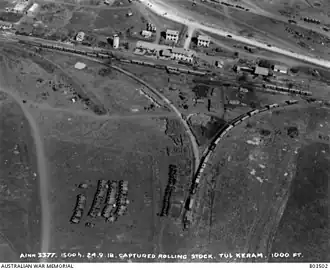 صورة أسترالية جوية بتاريخ 24 سبتمبر 1918 لمحطة قطار طولكرم عقب السيطرة عليها