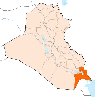 موقع محافظة البصرة بالنسبة للعراق