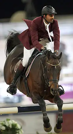 Photo de face d'un cheval et son cavalier franchissant un obstacle.