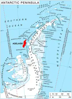 Adelaide Island shown within the Antarctic Peninsula