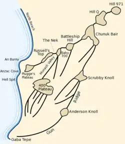 A thematic map showing several ridge lines and high features