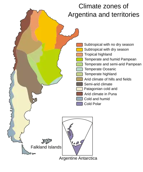Map showing the different climate zones found within Argentina