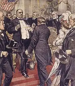 1901 illustrated depiction of the moment Leon Czolgosz shot President William McKinley.