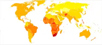 خريطة العالَم حيث أوروبا مُظَلَّلة بالأصفر وأغلب أمريكا الشَّماليَّة والجنوبيَّة بالبرتقالي وجنوب أفريقيا بالأحمر الغامِق