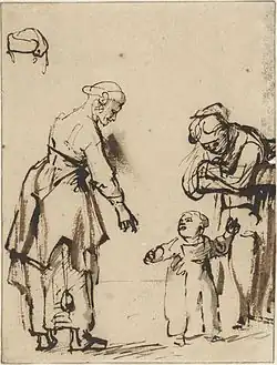 Figure sketch in ink of two women teaching a baby to walk, كارل فابريتيوس, ق. 1640