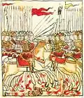 A 17th century miniature of the معركة كوليكوفو (1380). A warrior bears a red banner with a cross