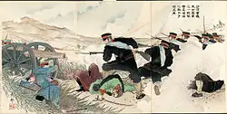 An ukiyo-e print of the Imperial Guard driving back Russian infantry at the Battle of Shaho during the Russo-Japanese War in 1904