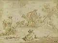 زوجان من الفلاحين بجوار شجرة بها ماشية وأغنام ، وقلم وحبر بني ، وغسل بني ، ومحفور للنقل ، وخطوط تأطير بالقلم والحبر البني.