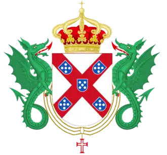 Crowned coat of arms of the house of Braganza supported by 2 dragons