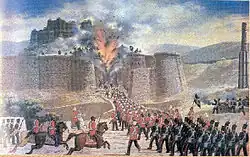 القوات البريطانية - الهندية تهاجم قلعة غزنة خلال الحرب الإنجليزية الأفغانية الأولى 1839.