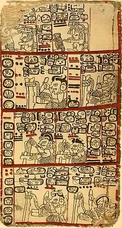 الأقسام الوسطى للصفحتين 10 و 11 من Codex Tro-Cortesiano ، تظهر تونالاماتل واحدة تمتد عبر الصفحتين