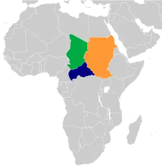 تشاد (أخضر)، جمهورية إفريقيا الوسطى (أزرق)، السودان (برتقالي)