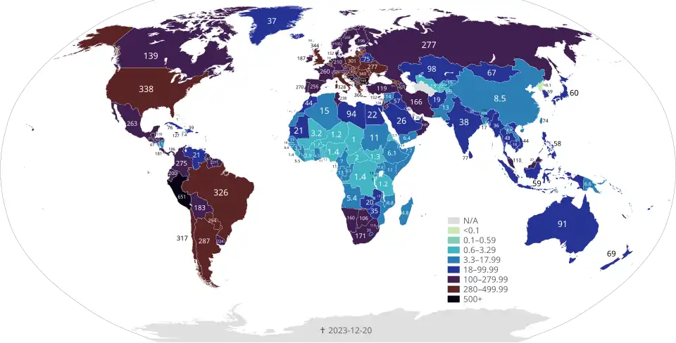 خريطة الوفيات الفردية المؤكدة حتى 20 نوفمبر 2022
+100 وفاة مؤكدة لكل مليون نسمة
10-100 وفاة مؤكدة لكل مليون نسمة
1-10 وفاة مؤكدة لكل مليون نسمة
0.1-1 وفاة مؤكدة لكل مليون نسمة
>أكثر من 0-0.1 وفاة مؤكدة لكل مليون نسمة
لا وفيات مؤكدة أو لا بيانات متوفرة
