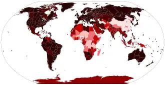 خريطة توضح الإصابات الفردية المؤكدة حتى 24 مارس 2021 >+10 حالة مؤكدة لكل ألف نسمة
3-10 حالة مؤكدة لكل ألف نسمة
1–1-3 حالة مؤكدة لكل ألف نسمة
1–0.3-1 حالة مؤكدة لكل ألف نسمة
1–0.1-0.1 حالة مؤكدة لكل ألف نسمة
أكثر من 0-0.1 حالة مؤكدة لكل ألف نسمة
لا إصابات مؤكدة أو لا بيانات متوفرة