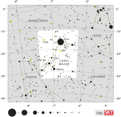 Diagram showing star positions and boundaries of the Canis Major constellation and its surroundings