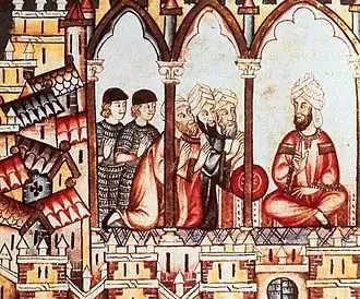السلطان المغربي أبو حفص عمر المرتضي وهو يرتدي قفطان مغربي رفقة سفراء من قشتالة يحاولون اقناعه بالانضمام لحلفهم.