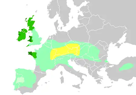 Diachronic distribution of Celtic peoples, showing expansion into the southern Netherlands: 
&nbsp;&nbsp;core حضارة هالستات territory, by the 6th century BC

&nbsp;&nbsp;maximal Celtic expansion, by 275 BC

&nbsp;&nbsp;لوسيتانياn area of Iberia where Celtic presence is uncertain

&nbsp;&nbsp;the "six Celtic nations" which retained significant numbers of Celtic speakers into the أوائل العصر الحديث

&nbsp;&nbsp;areas where Celtic languages remain widely spoken today
