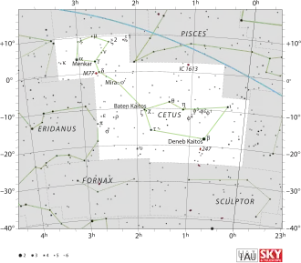 Diagram showing star positions and boundaries of the Cetus constellation and its surroundings