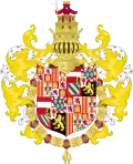 Coat of arms of فيليب الأول ملك قشتالة (1506) with the symbol representing the Leonese kingdom, along with a castle, imperially crowned in the top (chivalric design proper of Golden Fleece Roll), Medieval Spain