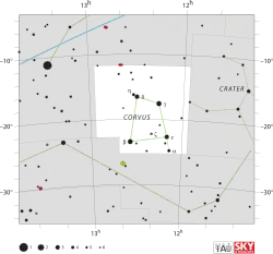 Diagram showing star positions and boundaries of the Corvus constellation and its surroundings