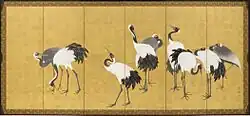 Maruyama Ōkyo ، الرافعات ، اليابان ، زوج من الشاشات المكونة من ست لوحات ؛ حبر ولون وورق ذهب على ورق ، 1772