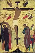 Russian depiction in which the traditional INRI plank is instead marked with "ЦР҃Ь СЛ҃ВЫ", standing for "King of Glory"