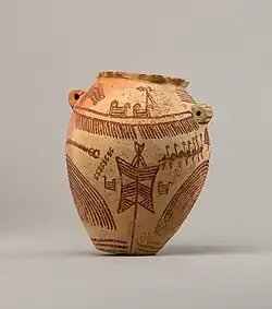 إناء جنائزي: قارب وطيور وملابس (جلد) لتغطية الموتى ، ممتدة على أعمدة. متحف المتروبوليتان للفنون