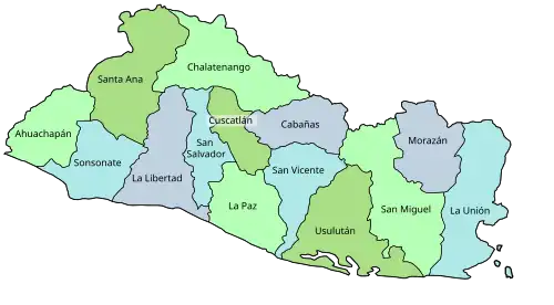 A map of El Salvador divided into its 14 departments