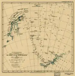 Old chart showing incomplete Antarctia coastline. The chart indicates the line of Endurance's 1915 drift, also the earlier drift of Filchner's Deutschland and the line of James Weddell's 1823 voyage