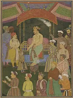 Durbar Scene of Jahangir. Painted by Abu'l Hasan, ca. 1615. Opaque water color, gold, and ink on paper, 16.9 x 12.3&nbsp;cm. Freer Gallery of Art, Smithsonian Institution, Washington, D.C., purchase F1946.28.