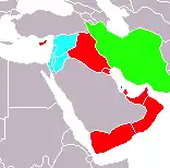 مطرانية القدس الأسقفية (أزرق)، مطرانية إيران (أخضر)، مطرانية قبرص والخليج (أحمر)