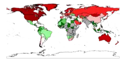 World map coloured according to the number of days each country takes to exhaust the resources it produces in the same year (green-high to red-low).