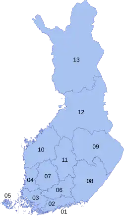 A map of Finalnd, divided into 13 districts