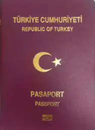 cover of Turkish passport (maroon with gold letters)