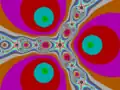 كسيرية نيوتن for three degree-3 roots (
  
    
      
        p
        (
        z
        )
        =
        
          z
          
            3
          
        
        −
        1
      
    
    {\displaystyle p(z)=z^{3}-1}
  
), coloured by number of iterations required