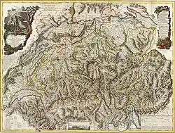 Nouvelle carte de la Suisse dans laquelle sont exactement distingues les treize cantons, leurs allies, et leurs sujets.
