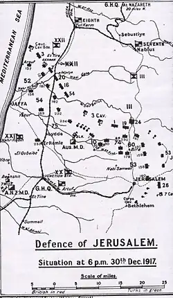 خارطة تُبين تمركز القوات العثمانية في 30 ديسمبر 1917 في سلفيت، وتواجد للجيش السابع العثماني في مدينة نابلس، والجيش العثماني الثامن في مدينة طولكرم.