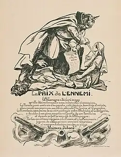 رسم فرنسي ساخر عن معاهدة بوخارست (1918)، والتي اشترطتِ الهدنةُ إلغاءها. وفيها القيصر الألماني فيلهلم الثاني يهدد إمرأةً (رومانيا)، ويملي عليها شروط الاستسلام.