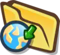Cartoon file folder with action arrow pointing to planet Earth
